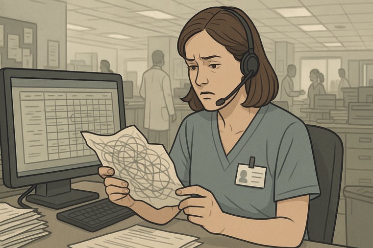 "Illustrating challenges of manual radiology scheduling with a tangled paper schedule representing bottlenecks in imaging scheduling systems."