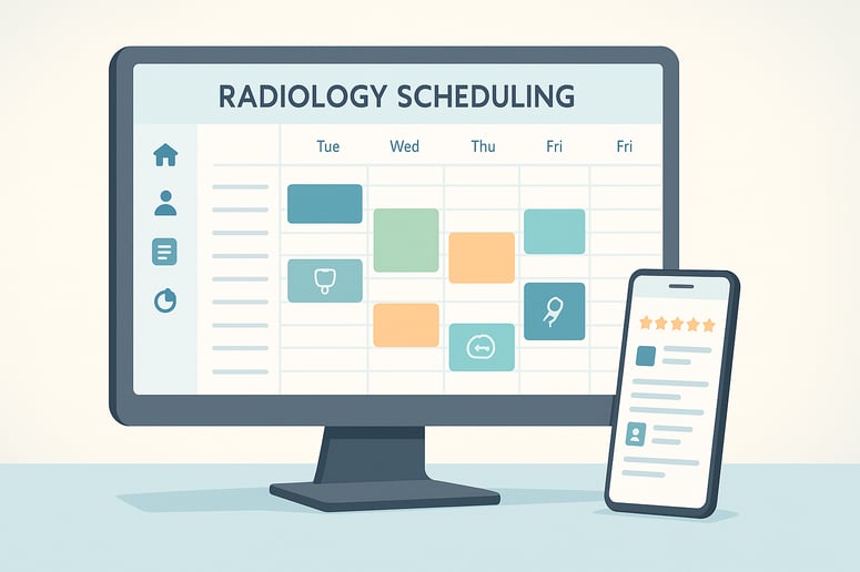 "Modern radiology scheduling software interface on a computer screen, showcasing a user-friendly design for efficient imaging scheduling."