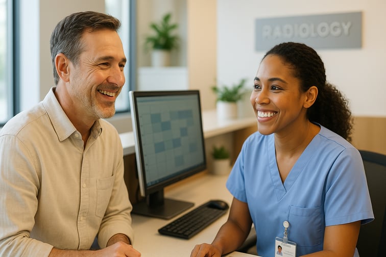 "Satisfied patient experiencing benefits of efficient radiology scheduling software with a helpful radiology scheduler, highlighting improved patient care."