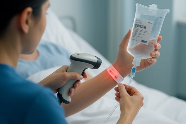 A nurse using a barcode scanner for medication administration, demonstrating a key patient safety feature of hospital workflow management.