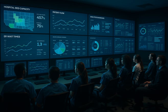 A hospital command center using real-time data dashboards, a key part of advanced healthcare workflow management.