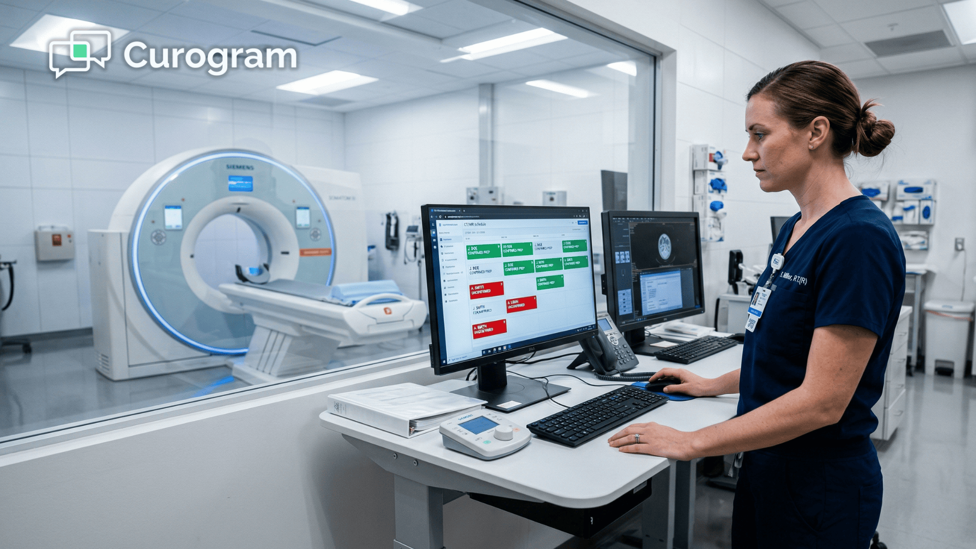 Radiology technologist reviewing SMS prep confirmation flags on RamSoft imaging dashboard