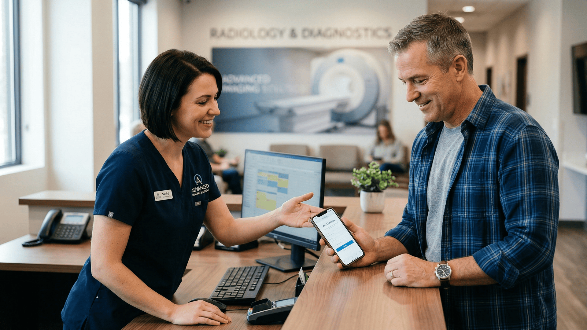 Front desk staff helps patient complete digital intake form via text