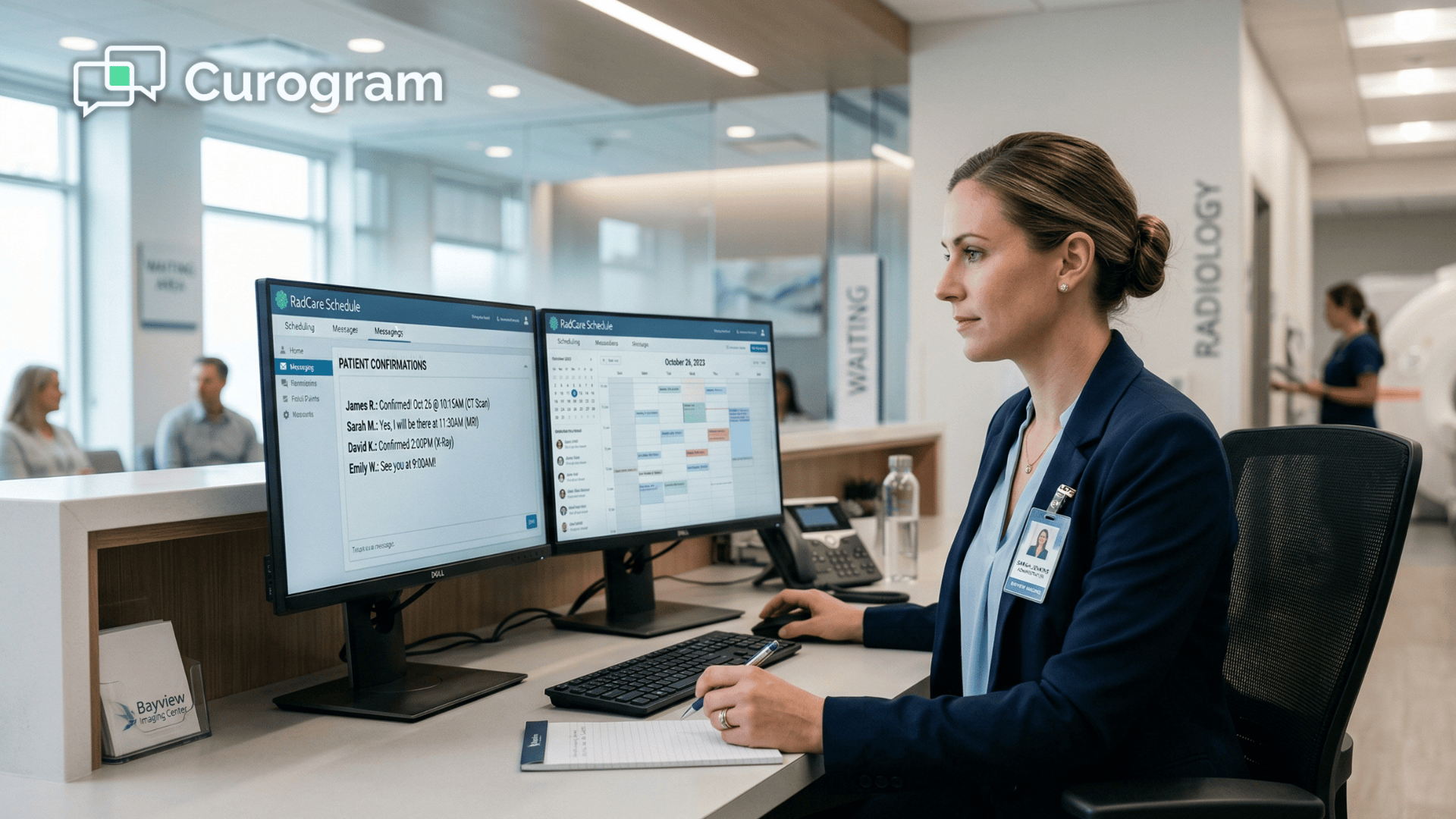 Imaging center staff reviewing 2-way HIPAA text confirmations on scheduling dashboard