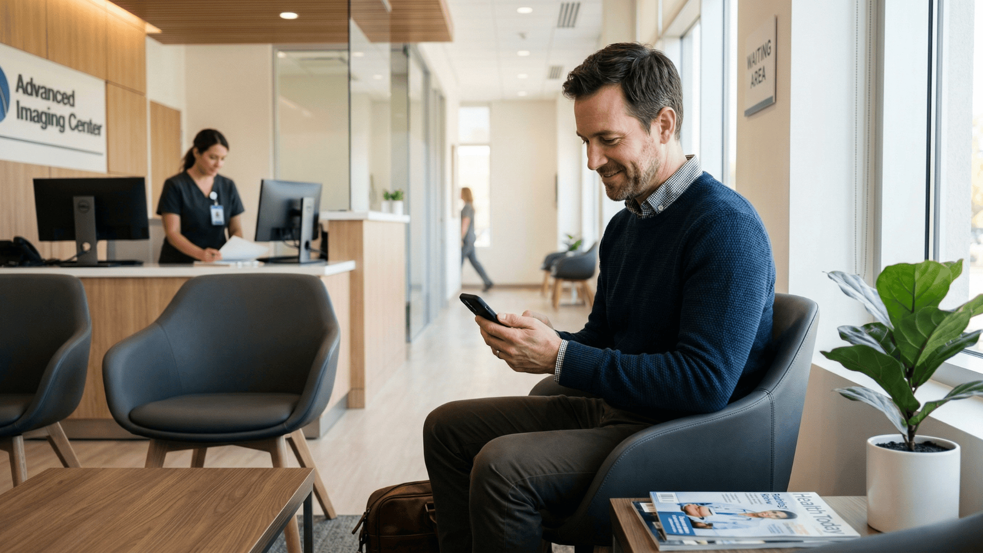 Patient reading appointment confirmation text in imaging center waiting room