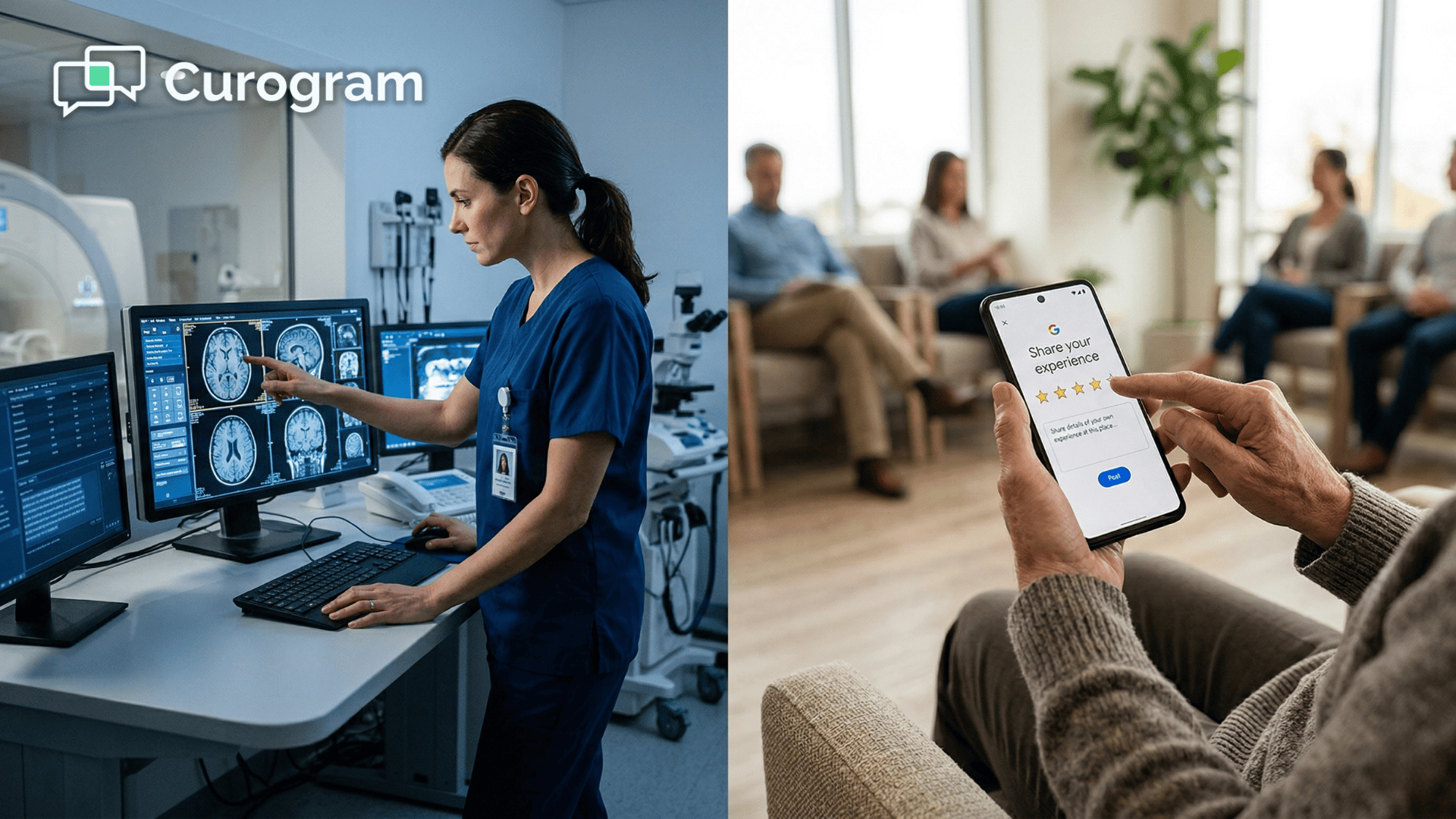 Radiologist at RamSoft workstation and patient submitting a Google review on smartphone