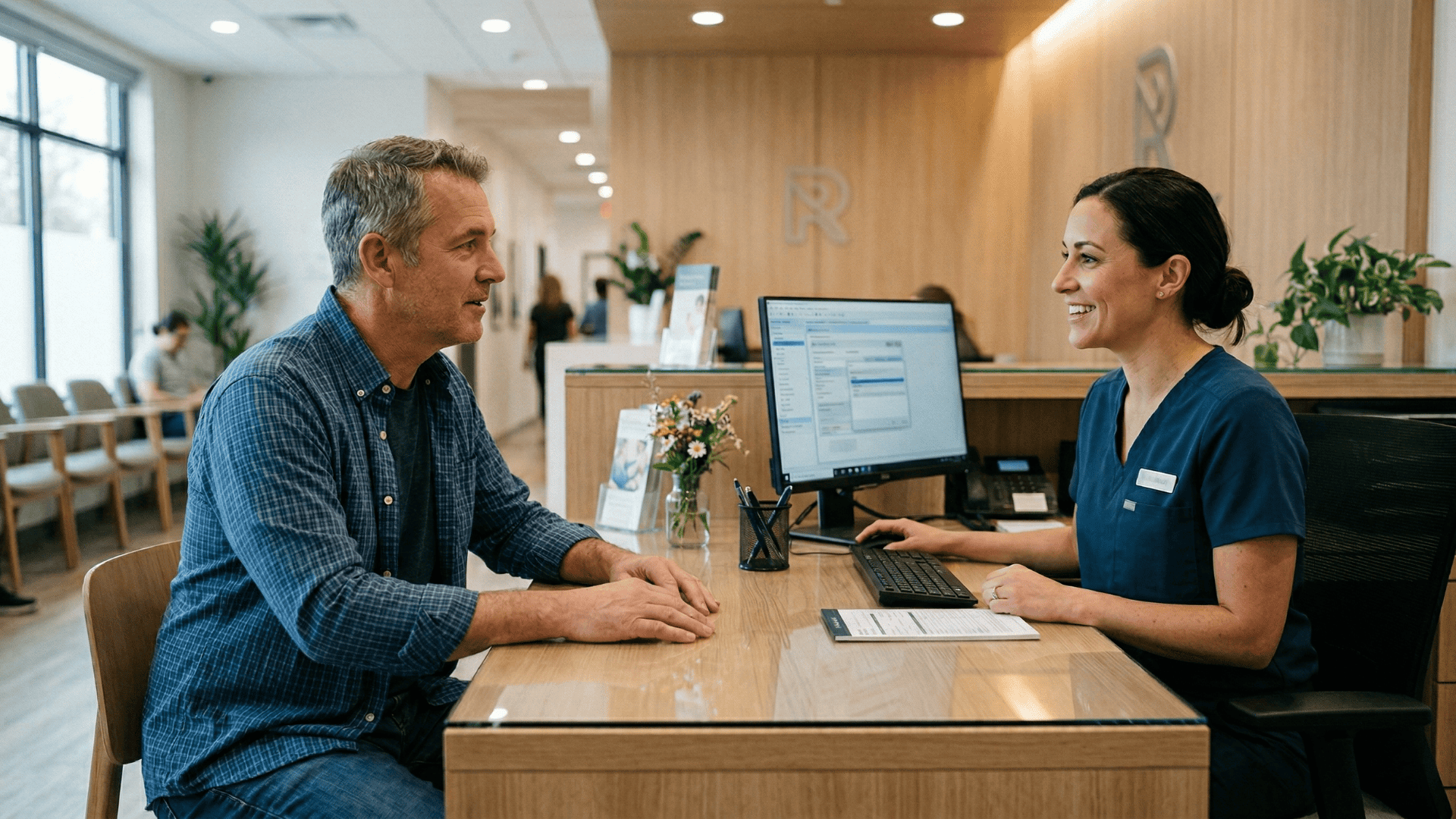 Patient checking in at imaging center front desk with staff member