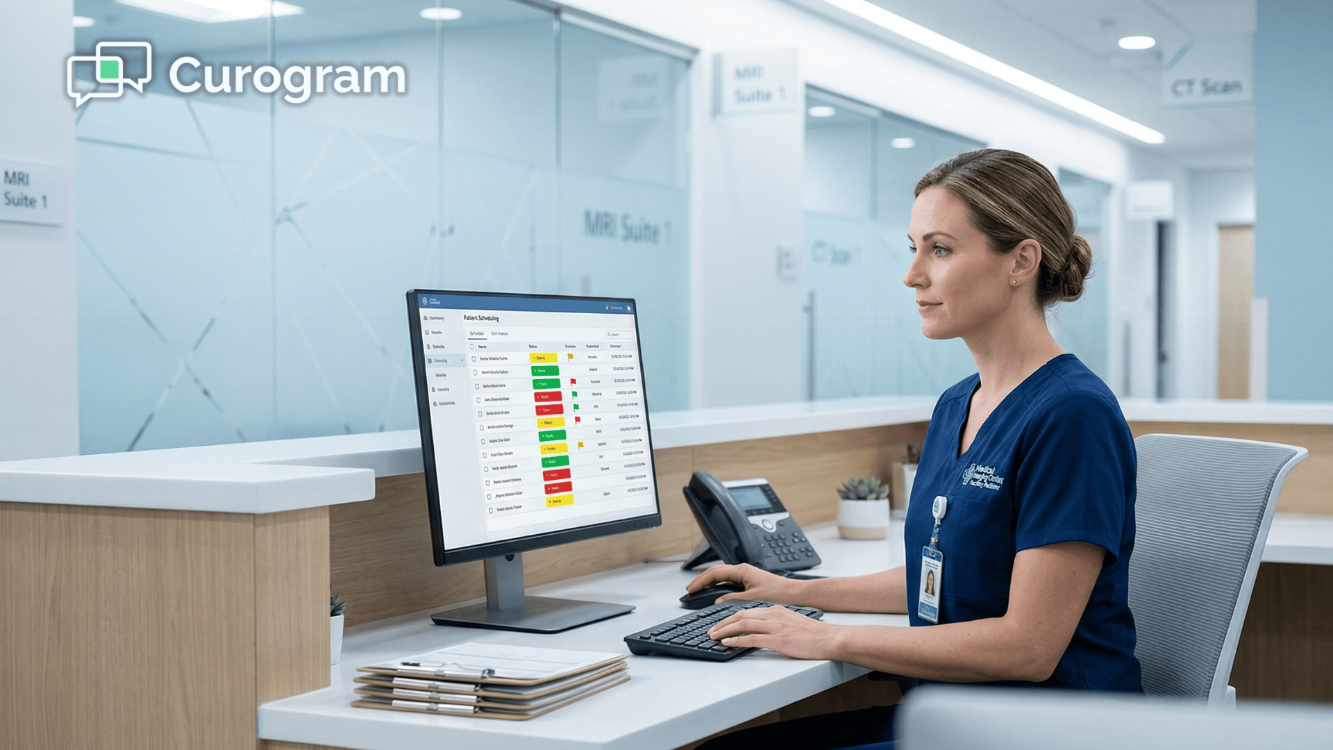 Imaging center coordinator reviewing automated patient confirmation dashboard at front desk