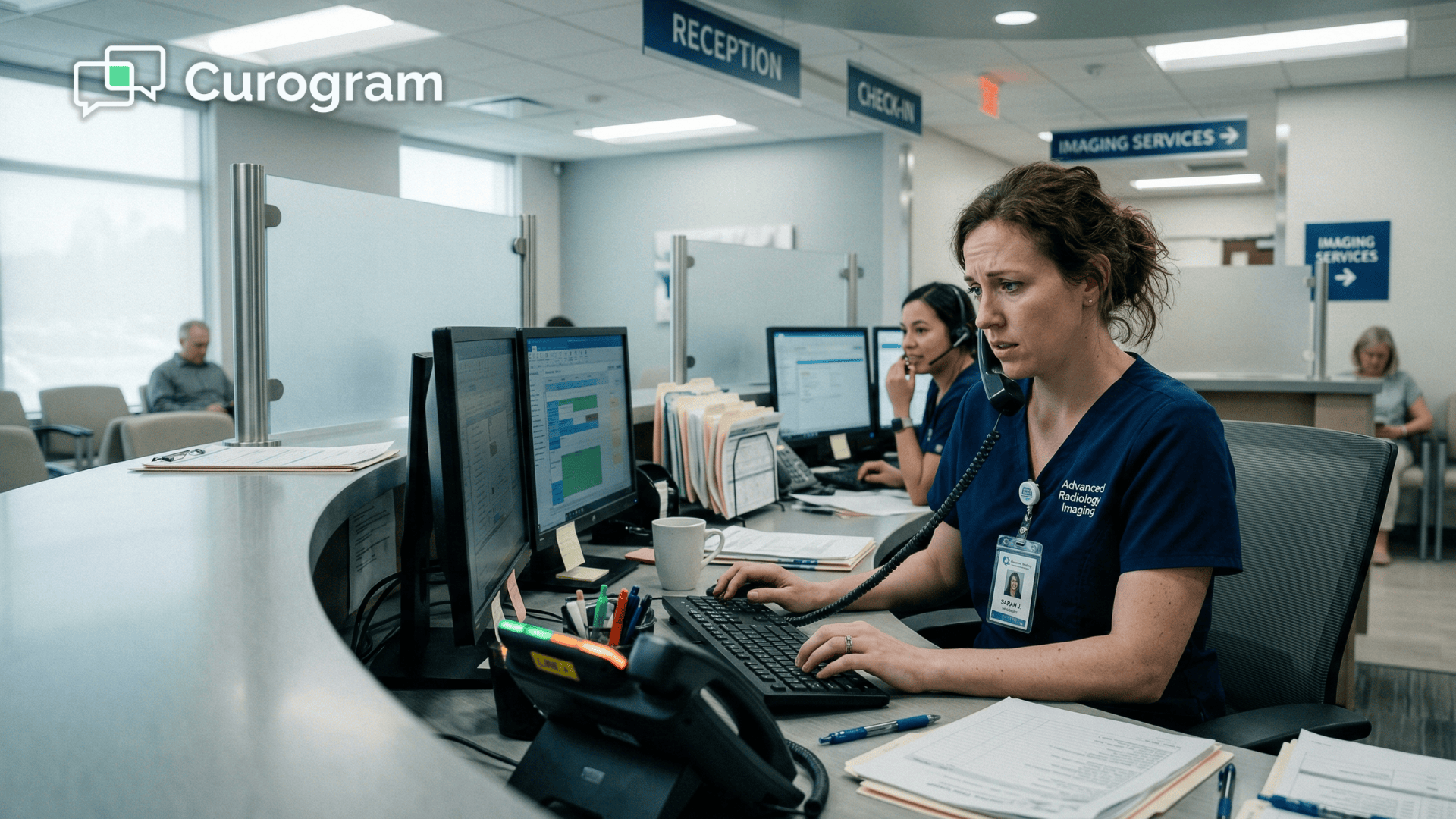 Imaging center front desk staff managing high phone call volume at workstation