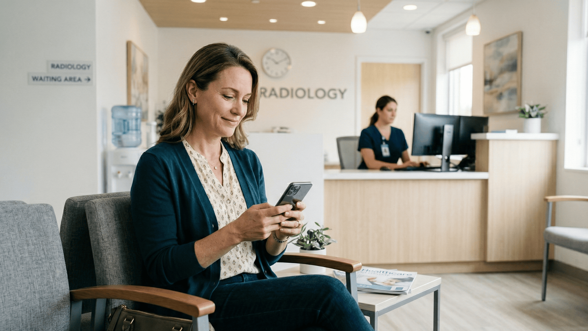 Patient checking appointment text at imaging center waiting area