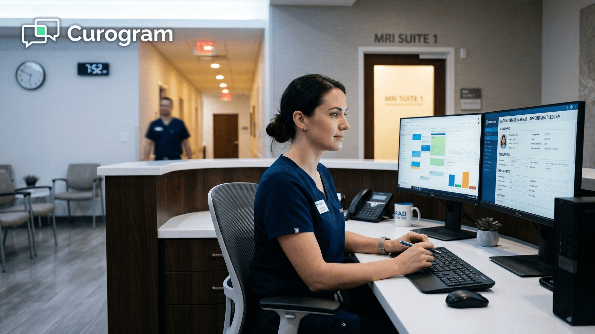 Front desk coordinator reviewing digital patient intake on a RamSoft imaging center dashboard
