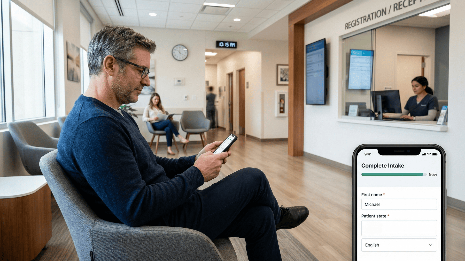 Patient completing pre-visit digital intake form on smartphone in imaging center waiting room