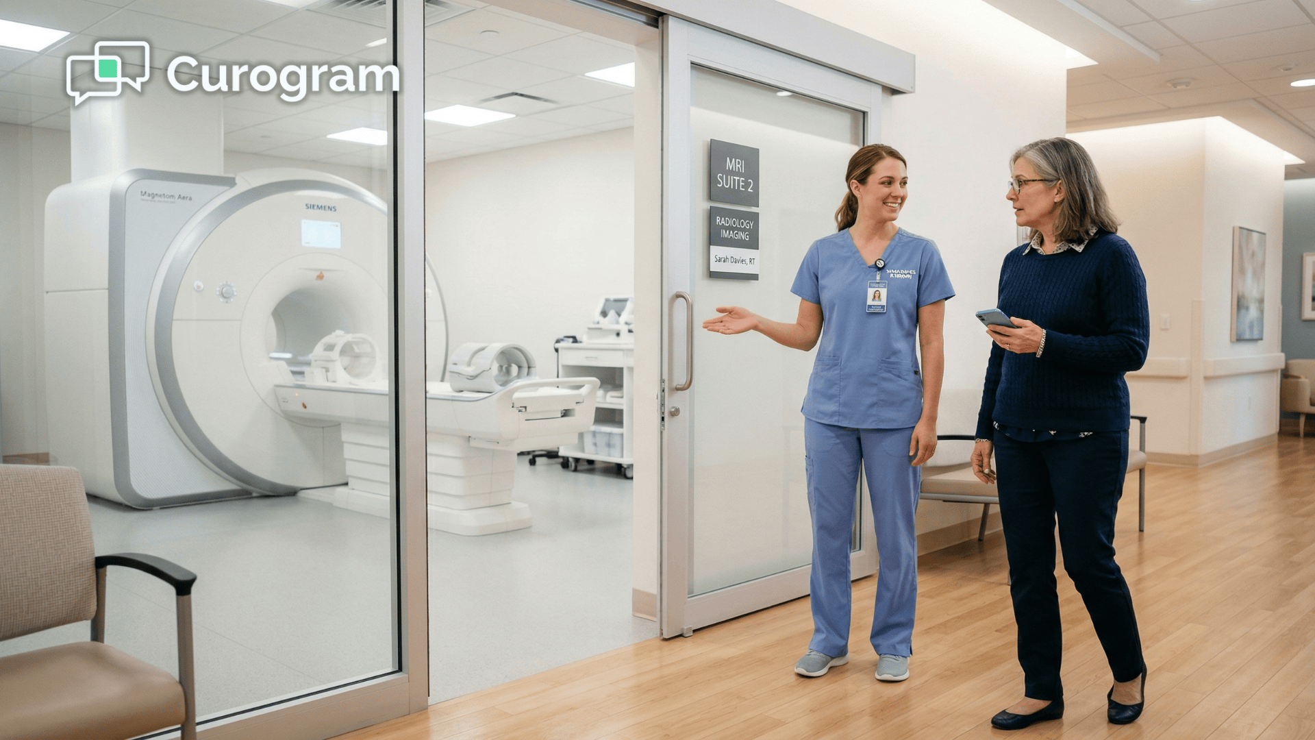 MRI technologist welcoming an anxious first-time imaging patient at the suite entrance
