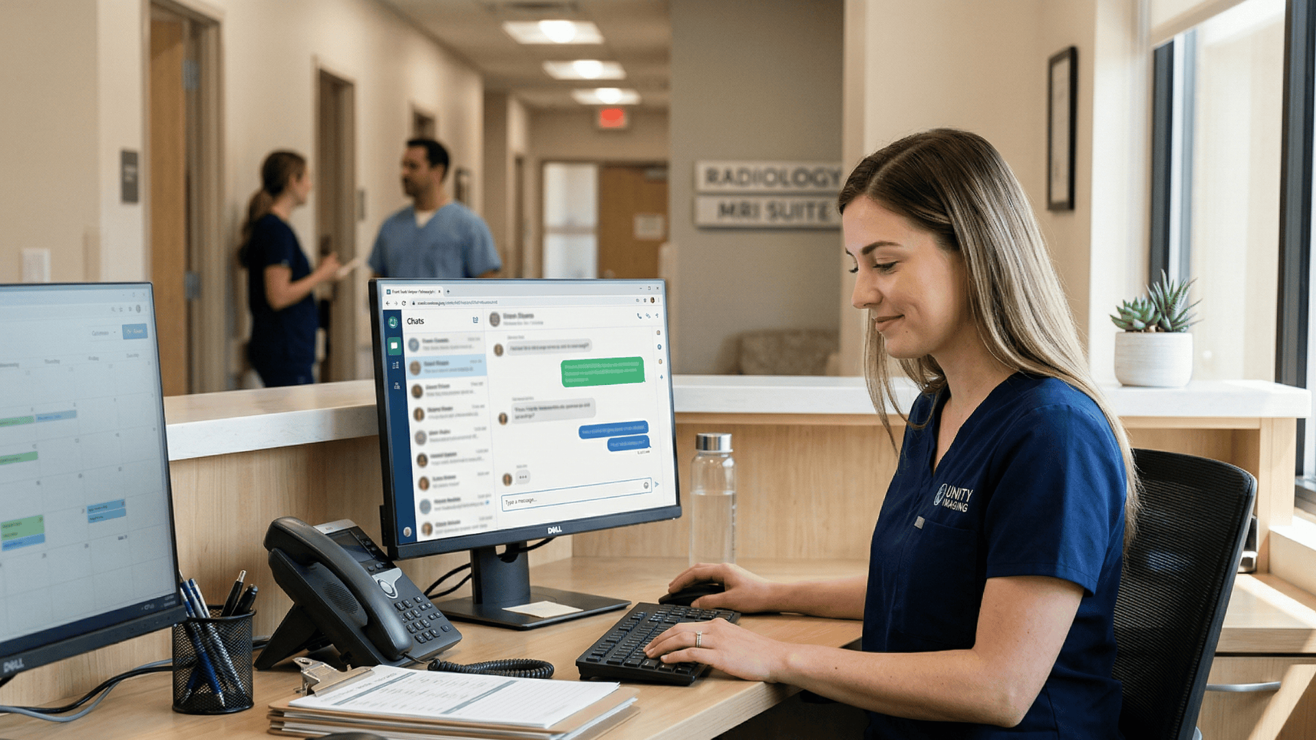 Imaging center staff responding to patient text messages at the front desk