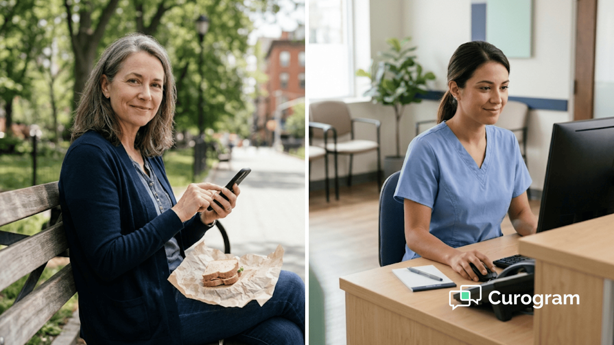 A woman replies to a recall text on her lunch break while clinic staff book her overdue wellness visit