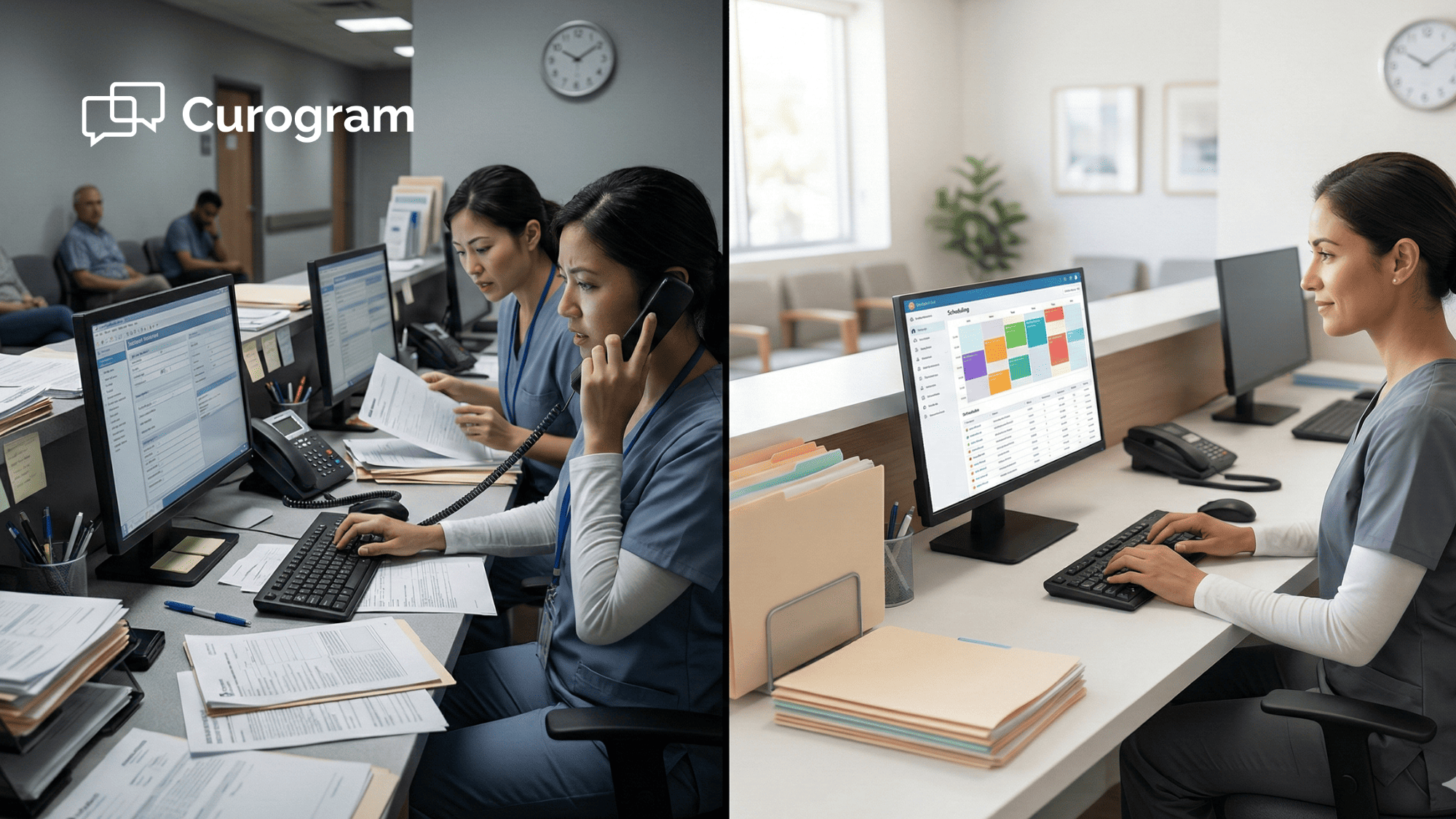Medical front desk staff overwhelmed by phone calls versus streamlined scheduling with Curogram