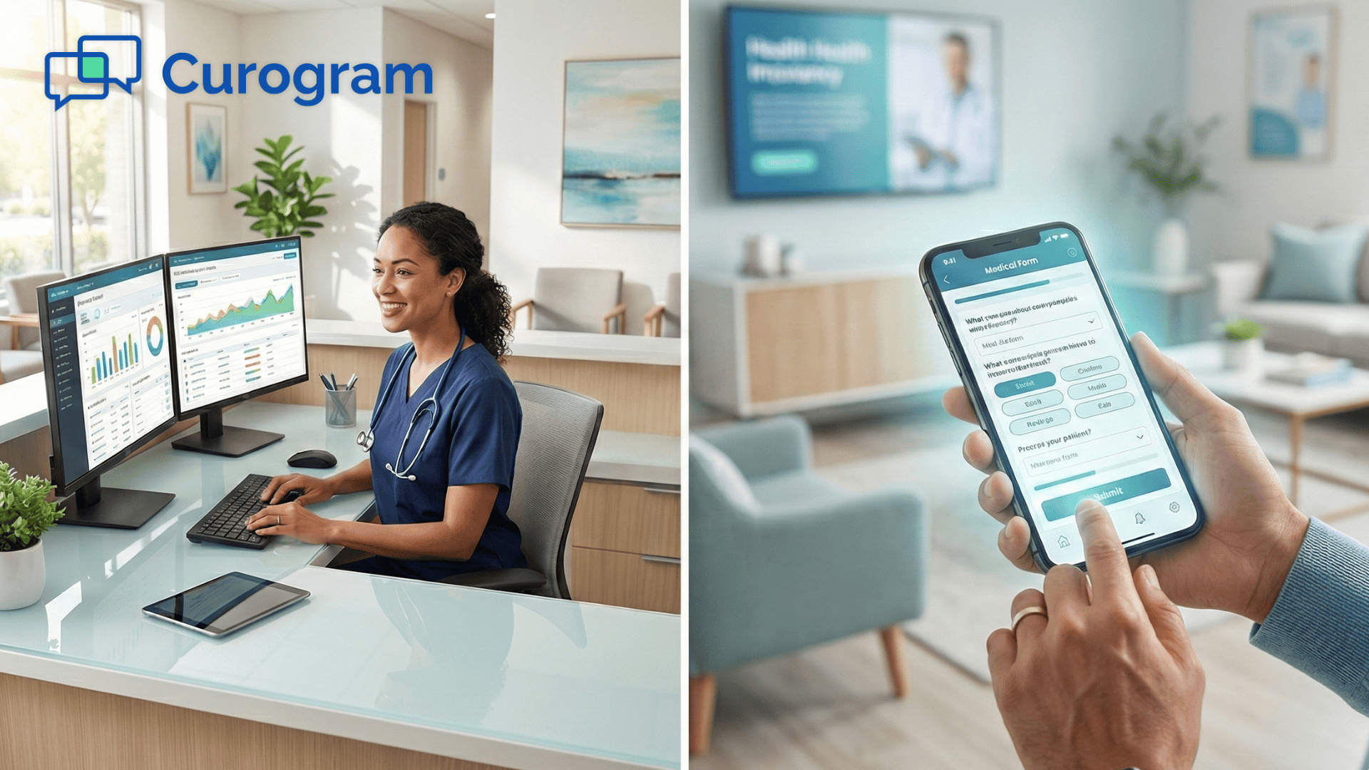 Medical staff using digital patient forms with patient completing intake on smartphone