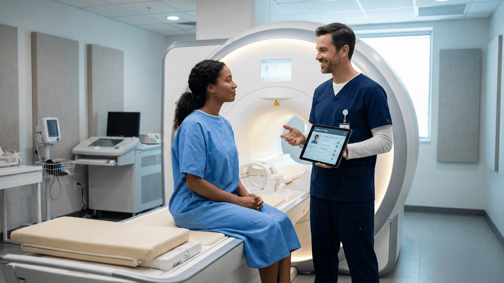 Radiology technologist prepares patient for MRI using pre-submitted digital intake data