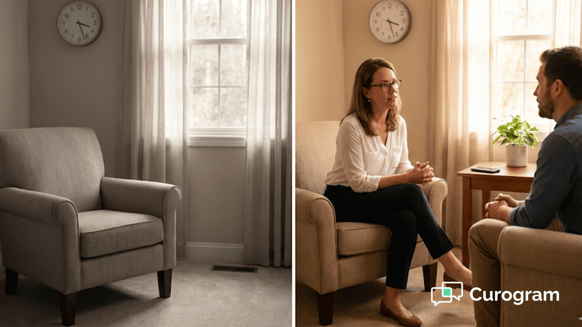 Split view of vacant counseling room and active therapy session demonstrating filled appointments in behavioral health