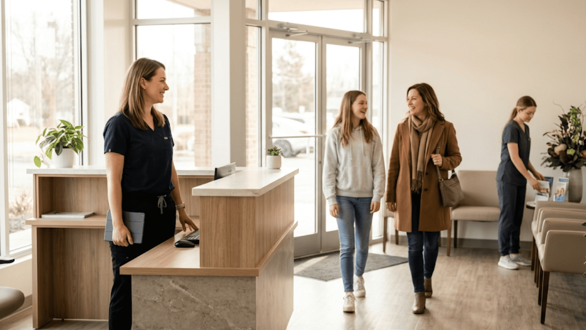 Candid scene of orthodontic staff greeting walk-in patient in modern practice with no-show prevention system in place