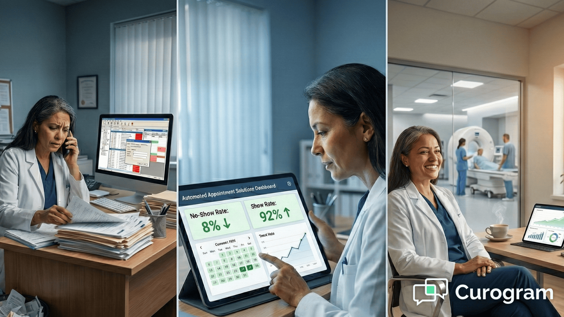 Imaging center manager reviewing appointment analytics showing reduced no-shows and increased revenue