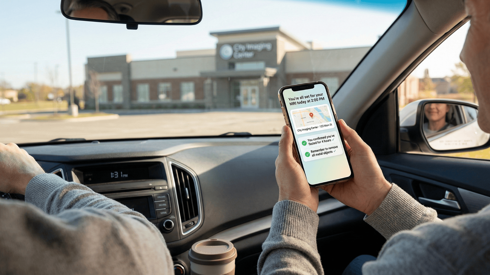 Patient reviewing appointment reminder text with prep instructions on smartphone