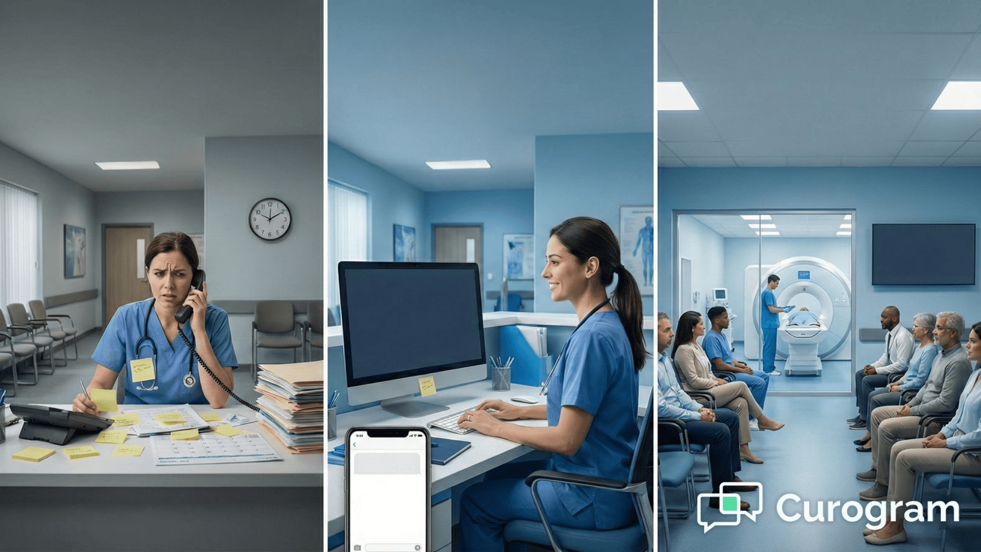 Healthcare clinic showing automated reminder ROI: organized staff and full patient waiting room