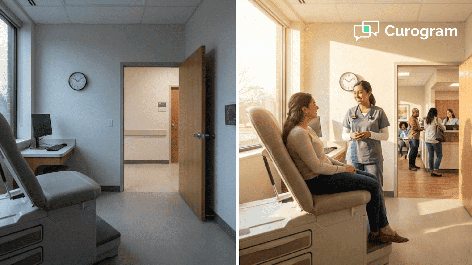 Side-by-side comparison of an empty exam room from a no-show and a filled appointment with a provider and patient