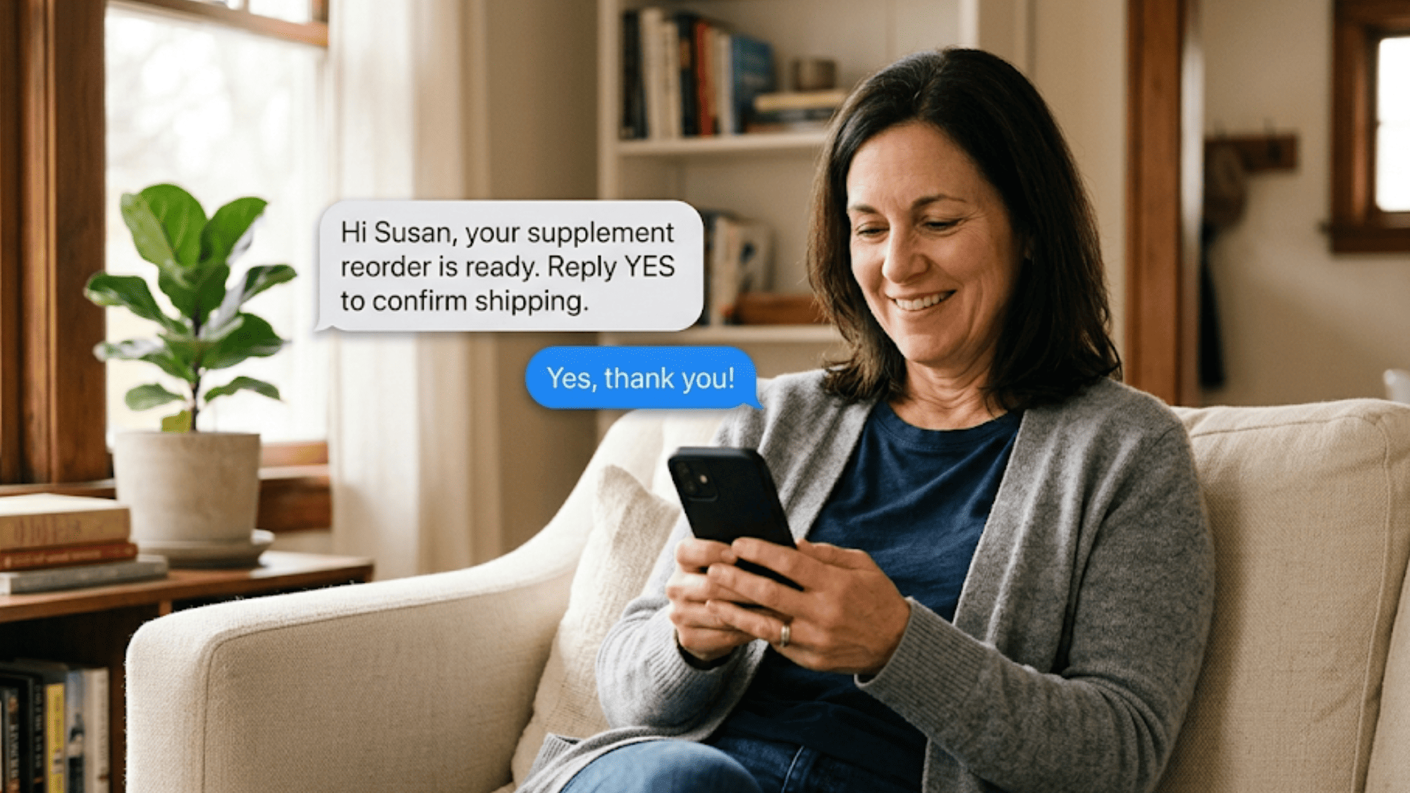 Patient using two-way texting to confirm supplement order with Cerbo EHR practice front desk from home