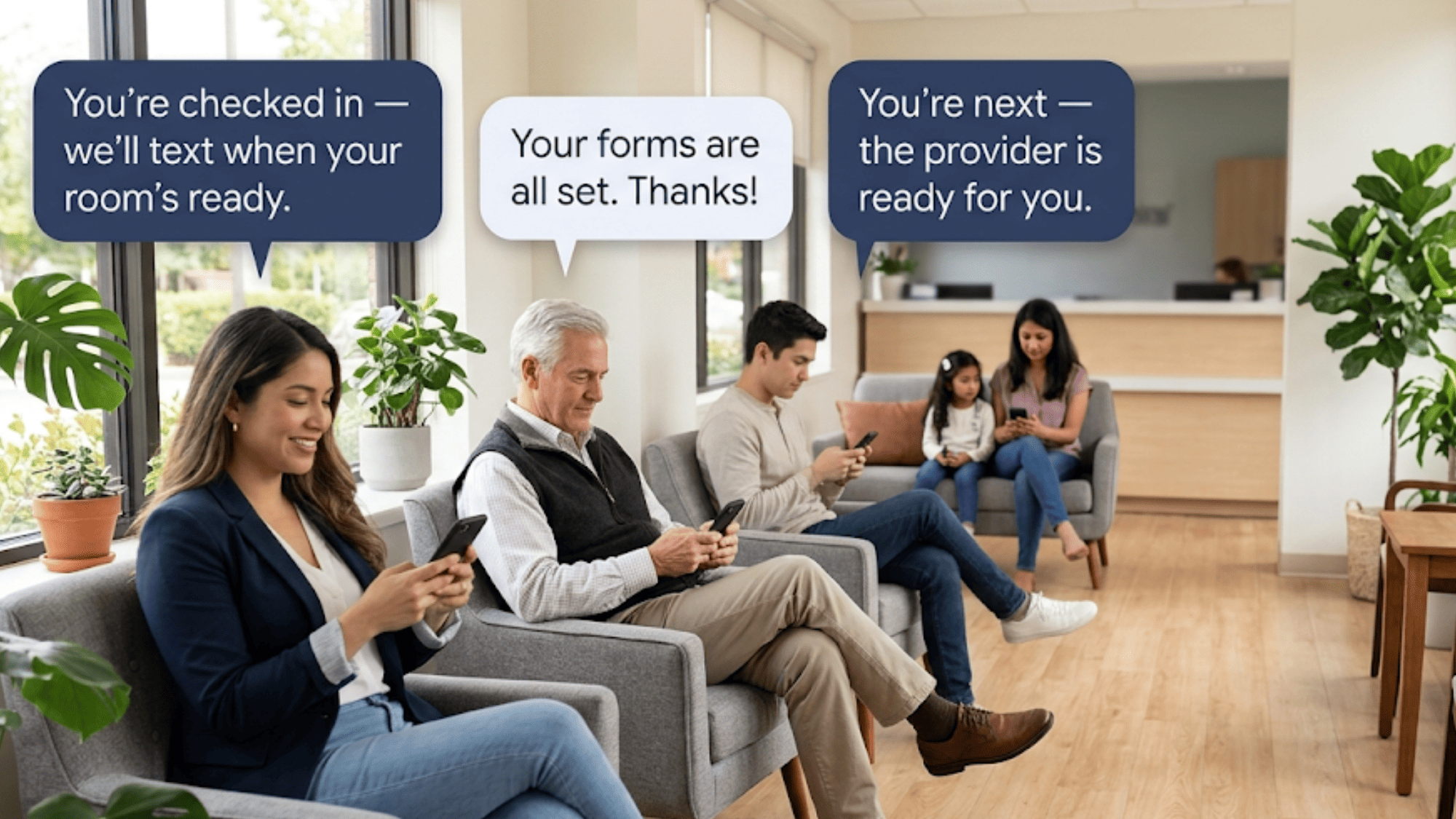 Patients seated in a clinic waiting room with floating message bubbles confirming their check-in by phone