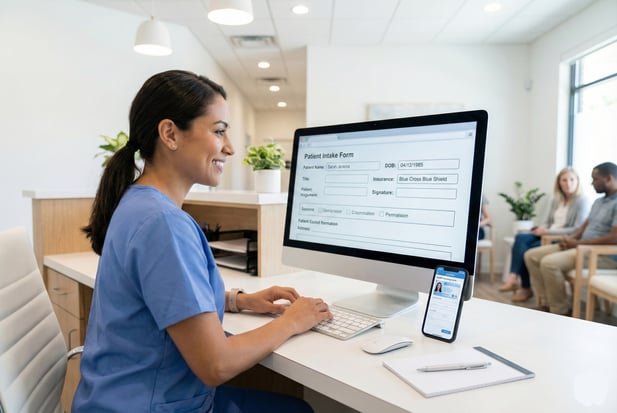 Medical receptionist efficiently reviewing a digital patient intake form on a desktop computer