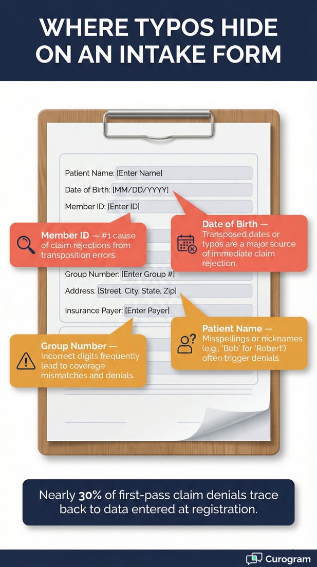 Infographic showing high-risk typo areas on a patient intake form that cause claim denials