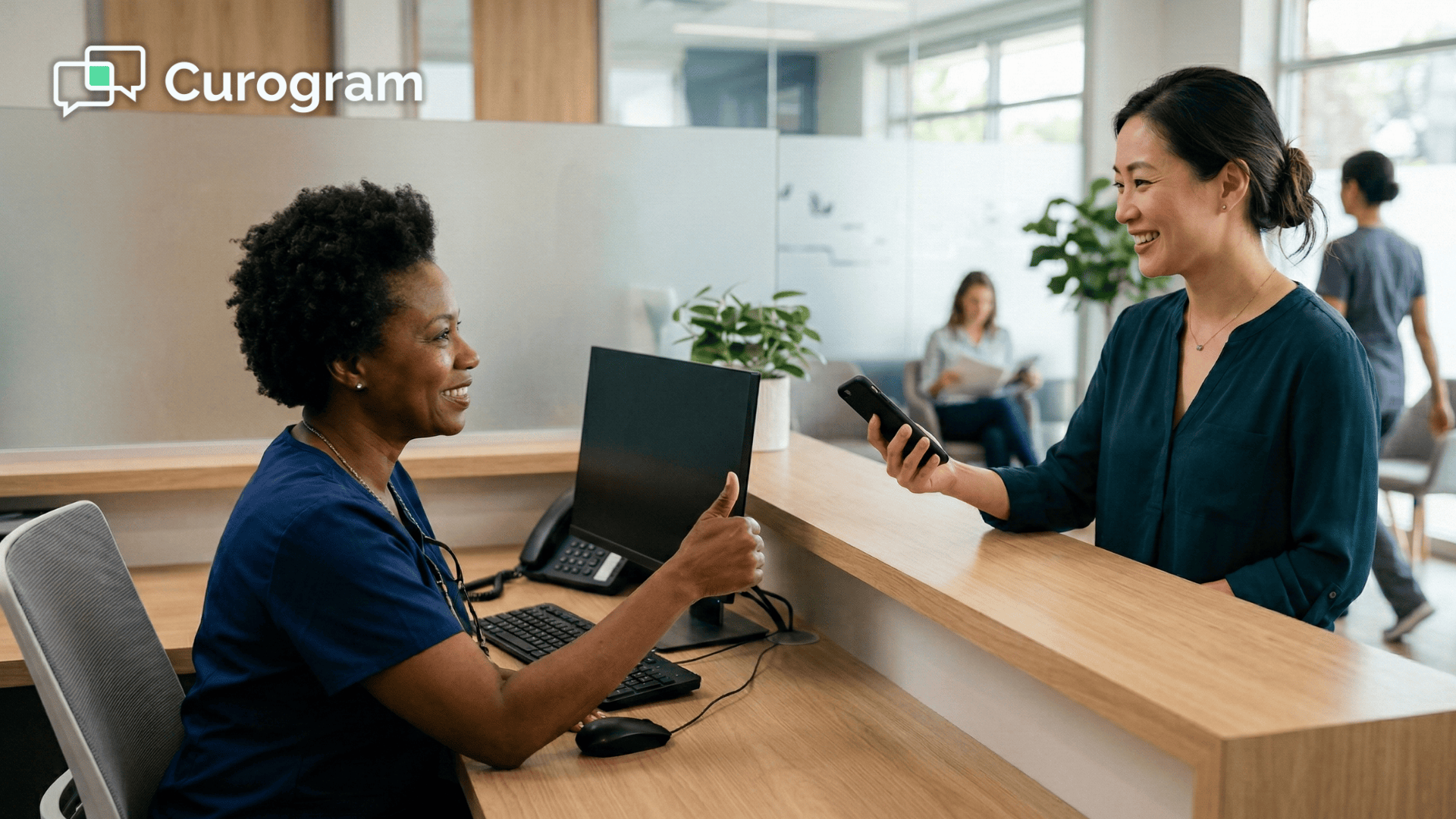 Patient and staff sharing a moment after a quick text-to-pay checkout at a clinic