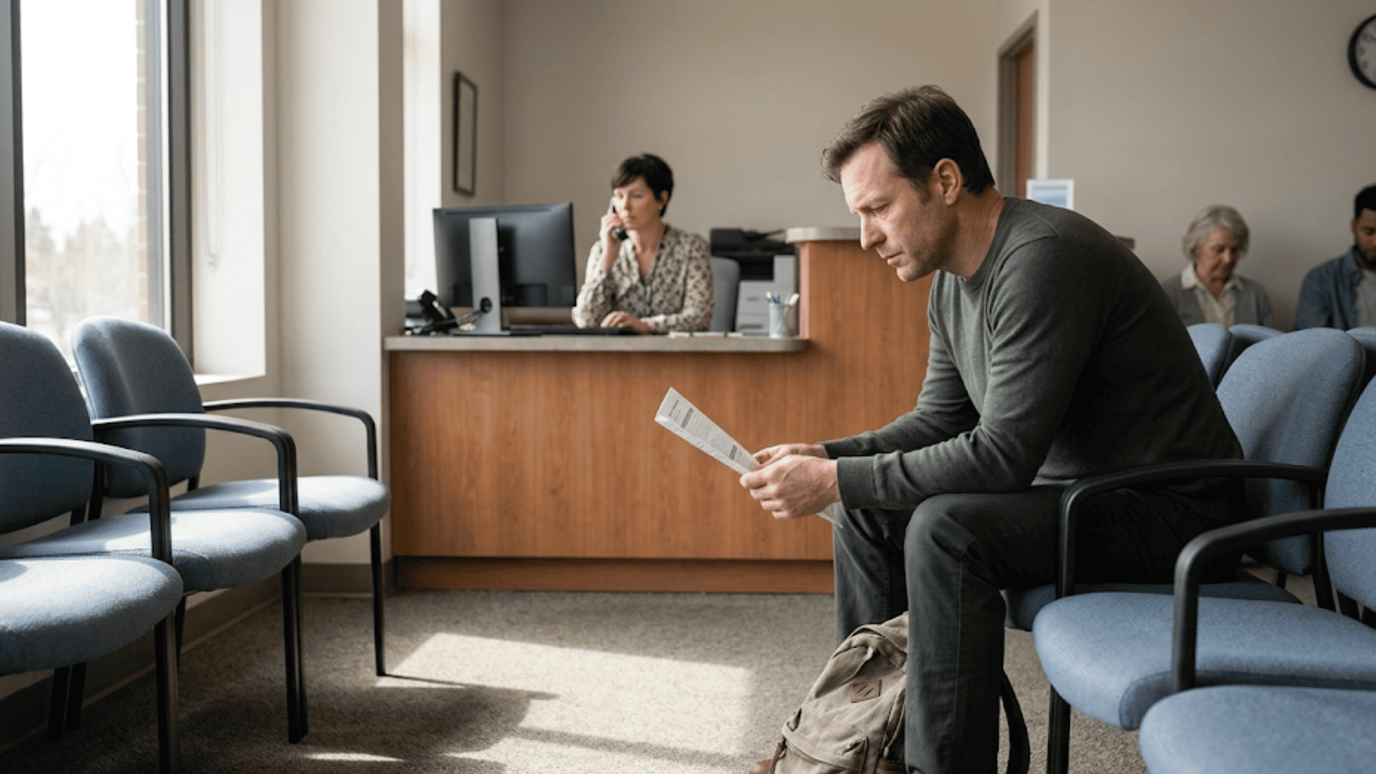 Man waiting in behavioral health clinic lobby holding paperwork