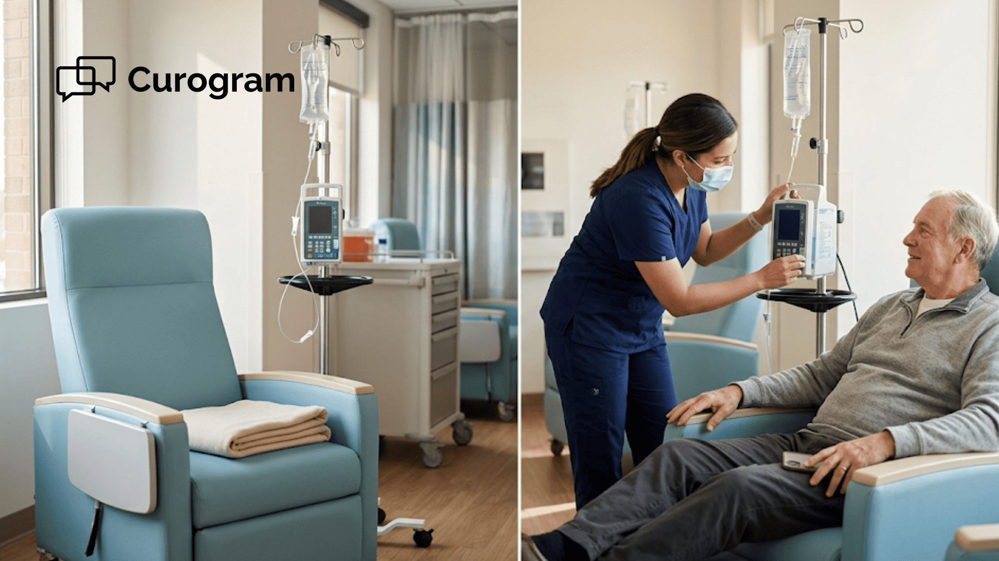 Community oncology infusion suite showing the contrast between a missed appointment and a confirmed patient session with their nurse