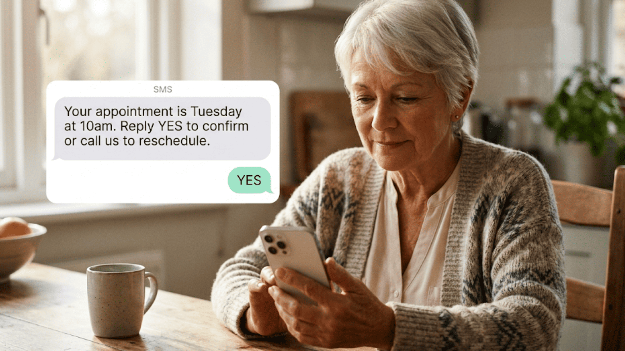 Older oncology patient reading a 2-way SMS appointment reminder on their smartphone and replying YES to confirm their visit