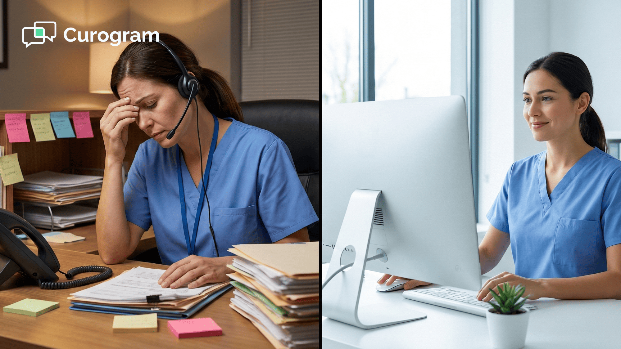 Side-by-side comparison of overwhelmed phone-based clinic vs modern text-enabled practice