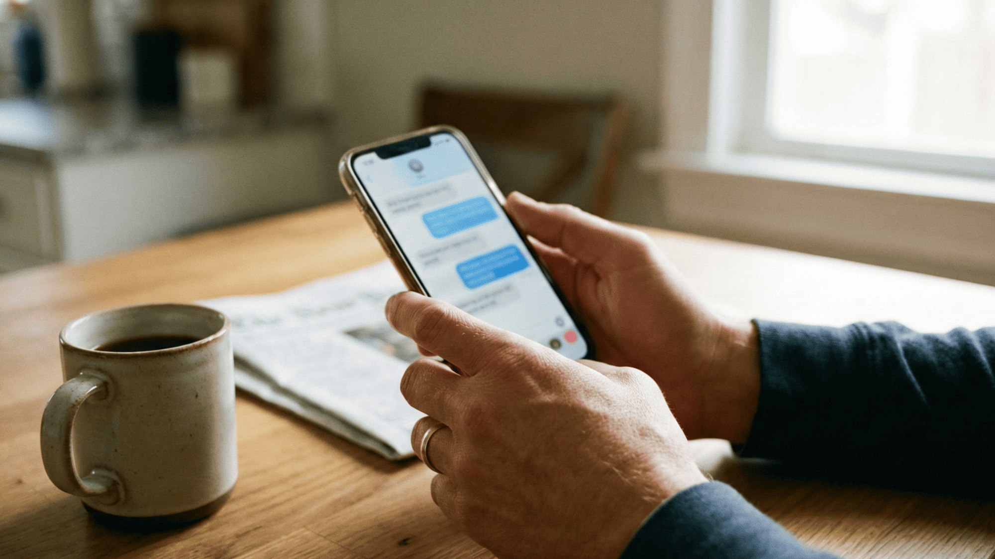 Patient casually replying to a clinic text message on smartphone at home