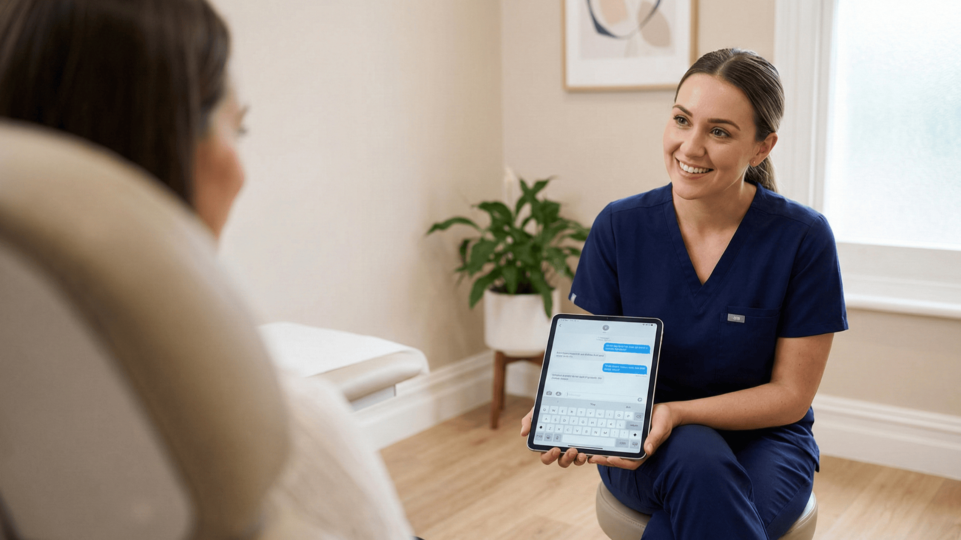 Patient speaking with clinic staff in calm, text-first communication setting