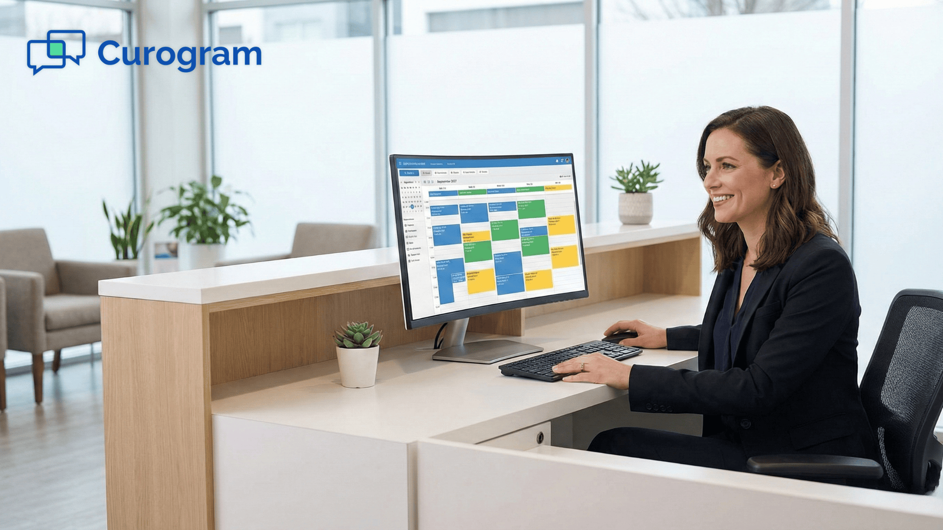 Front desk staff viewing a fully confirmed CharmHealth appointment schedule on screen
