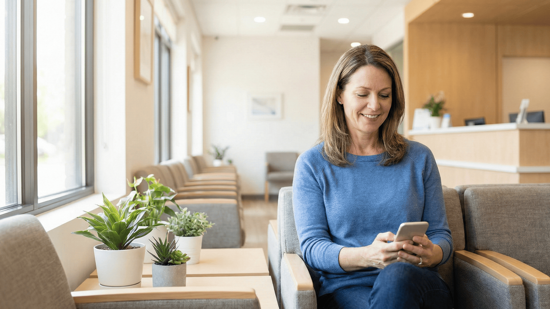 Patient reading an automated SMS appointment reminder in a calm clinic waiting room