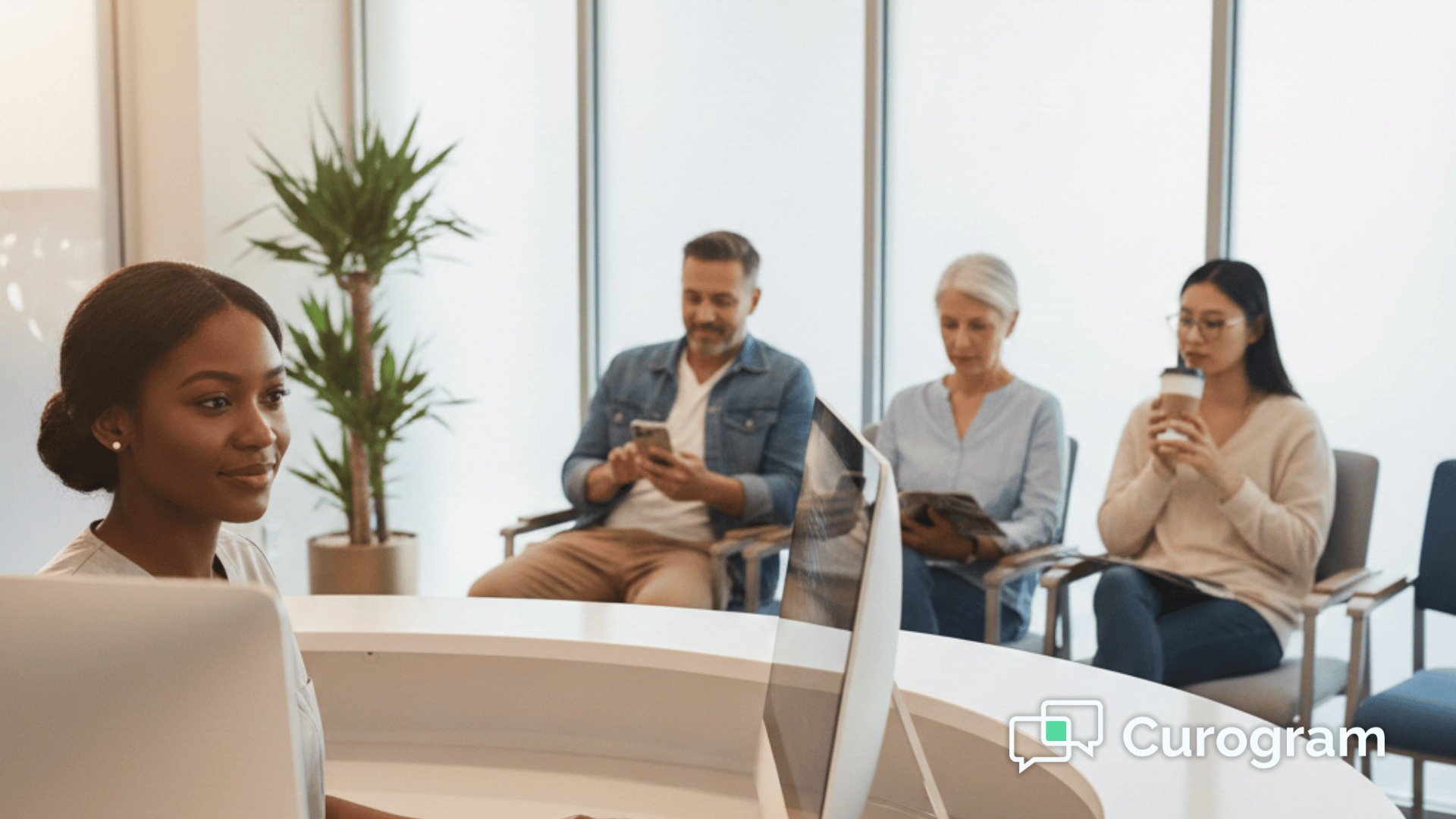 Busy medical practice front desk with SMS reminders keeping the schedule full