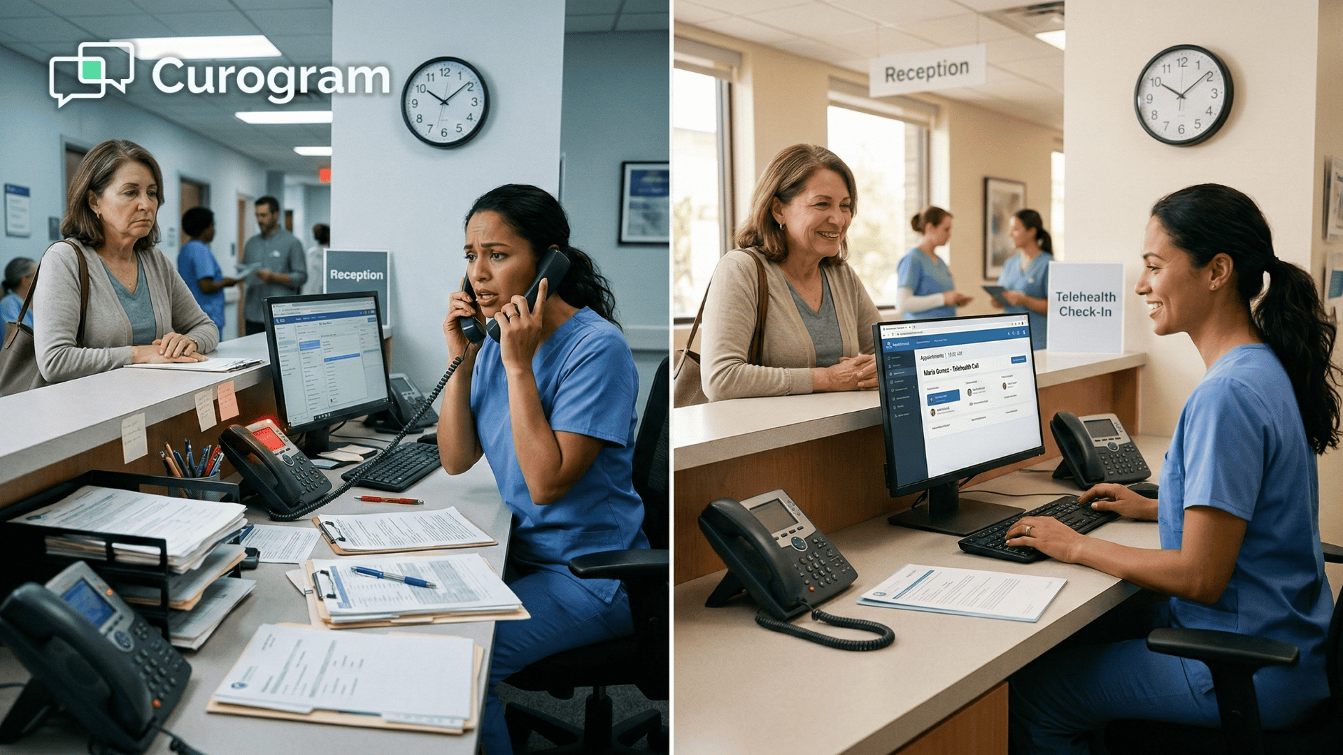 Before and after comparison of a medical front desk with and without telehealth troubleshooting