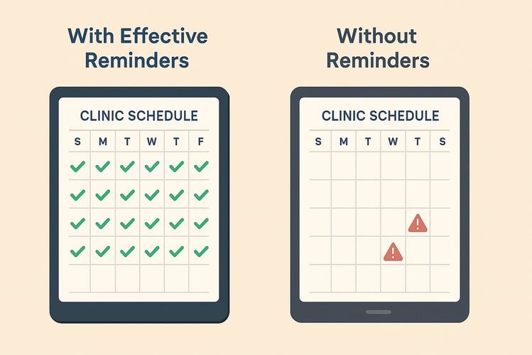 Comparison graphic: one side shows an organized clinic calendar full due to patient reminders, the other shows missed slots without reminders.