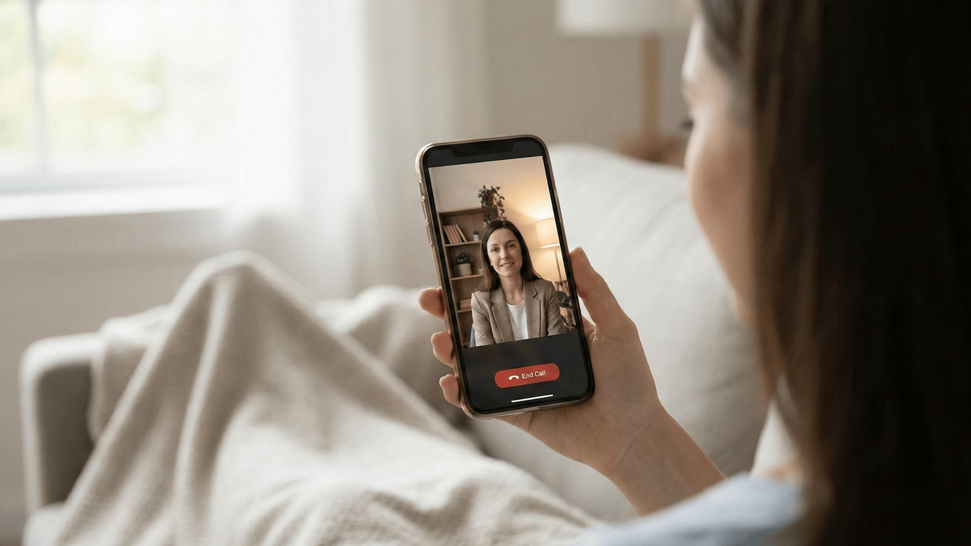 Patient in secure browser video call with pregnancy center counselor