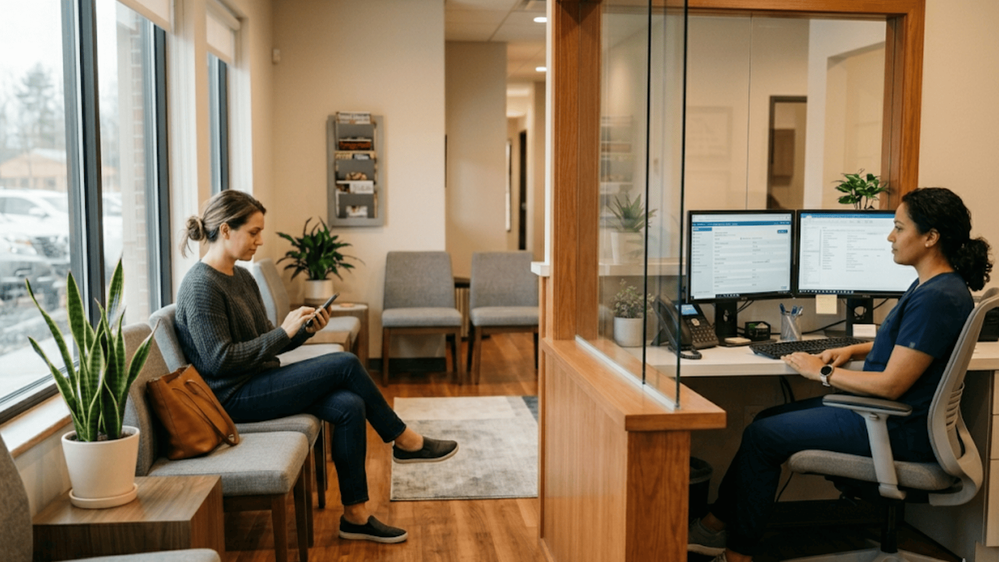 Patient completing a mobile intake form on her phone in a clinic waiting room while front desk staff reviews a pre-filled chart