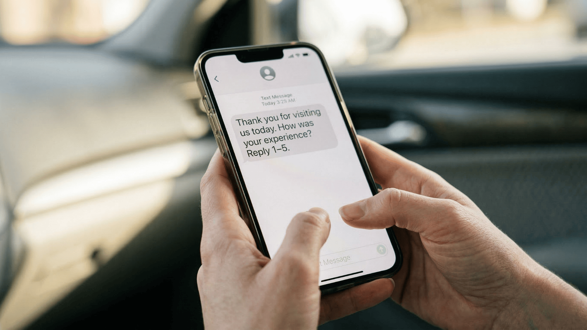 Patient reading Azalea Health post-visit review request text on phone