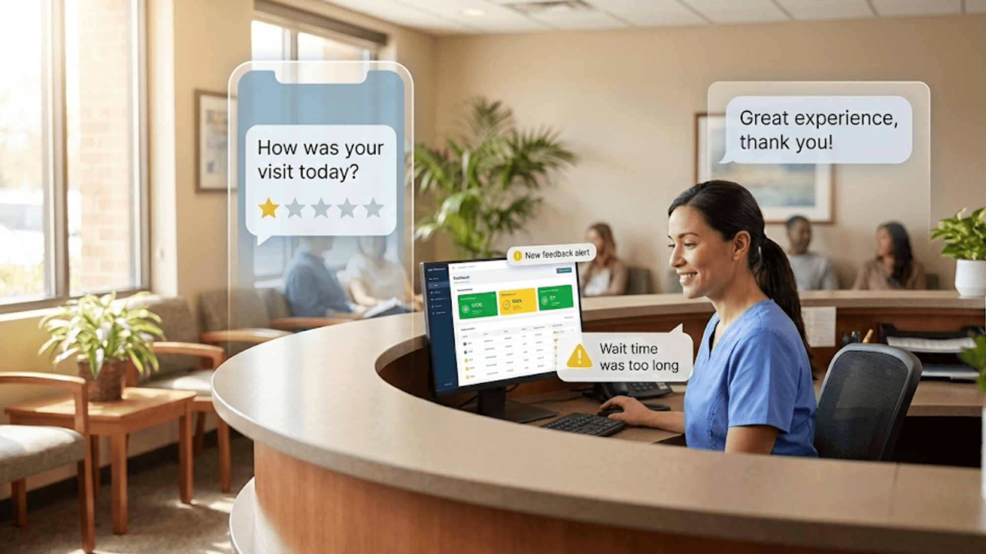 Medical staff receiving real-time patient feedback alerts and satisfaction ratings
