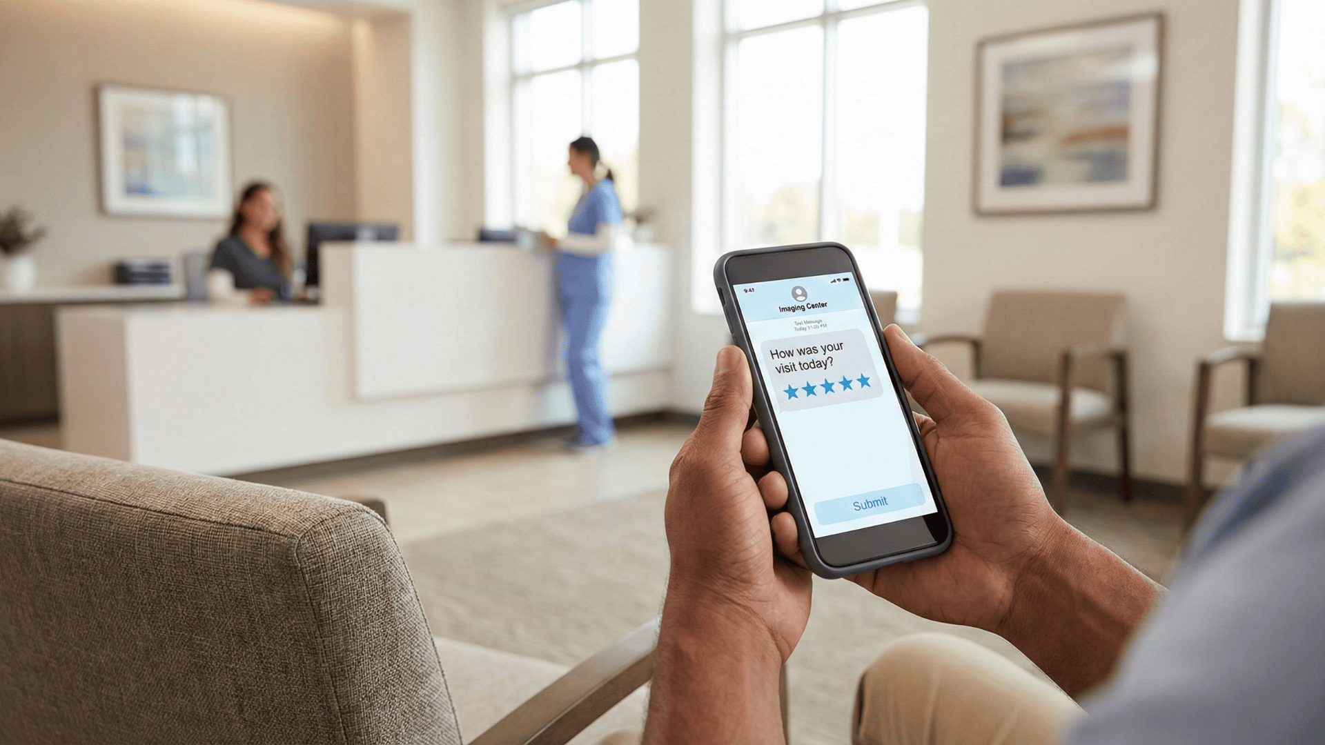 Patient rating imaging center visit on smartphone after MRI appointment