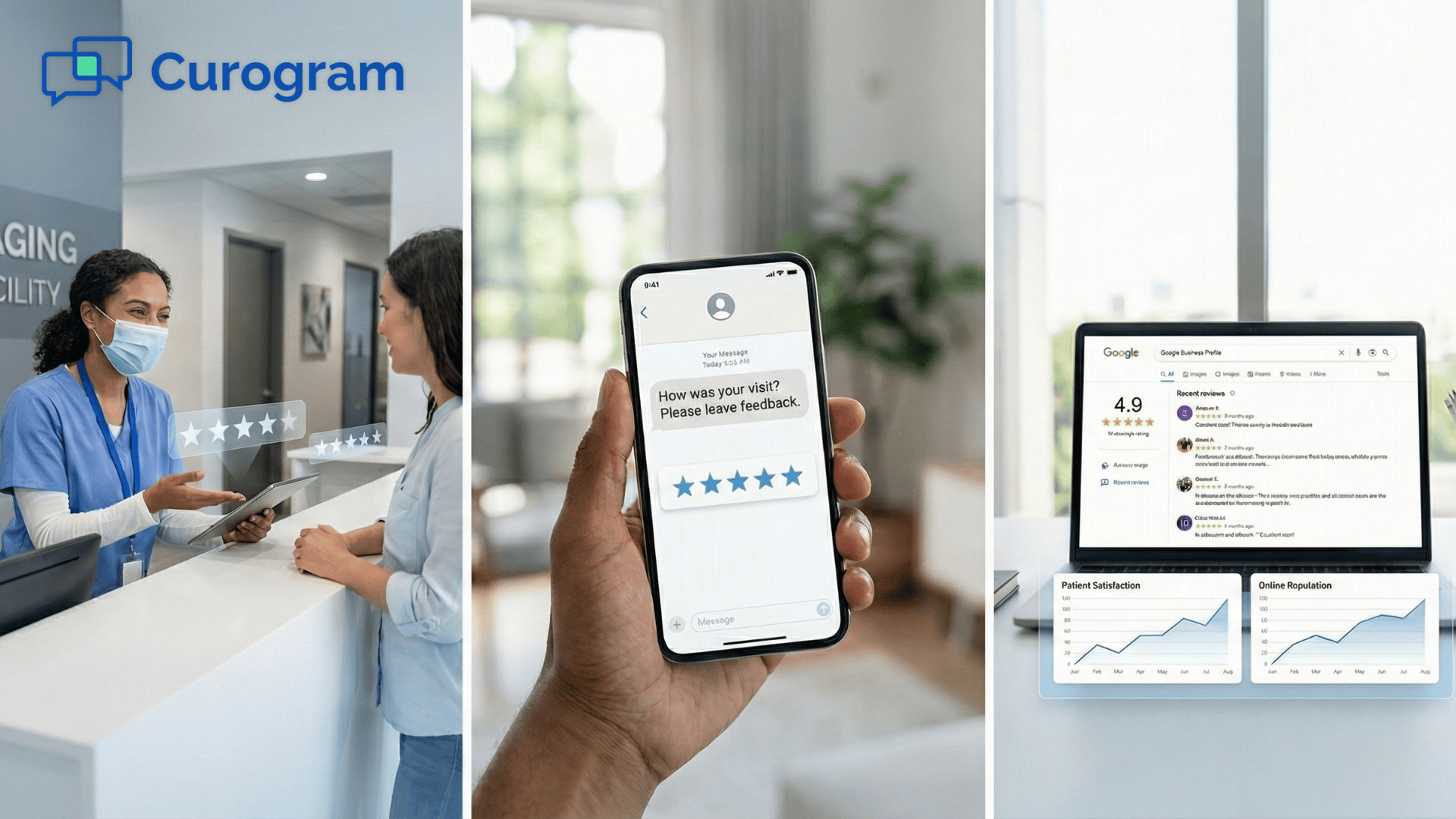 Imaging center reputation management showing patient feedback, review requests, and Google ratings
